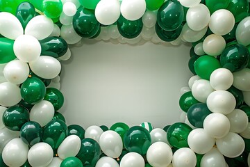 An elegant display of green and white balloons at the top and bottom, framing a blank center for Independence Day messages.