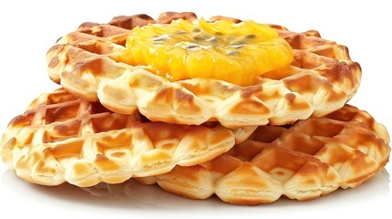   Three waffles layered on top, with a center fruit