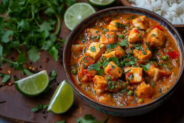 Spicy Fish Stew with Rice and Lime in Bowls. Bowl of spicy fish stew with rice and lime garnished with cilantro