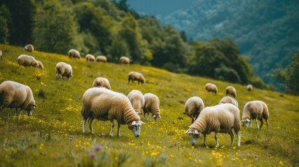 Fototapeta premium Sheep grazing on a hillside pasture, representing livestock farming and pastoral agriculture.