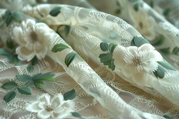 Elegant White Floral Embroidery on Sheer Green Fabric. Detailed view of elegant white floral embroidery on sheer green fabric with delicate leaves