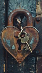 Heart Shaped Rusty Lock with Key Symbolizing Love and Secrets - Perfect for Romantic Designs