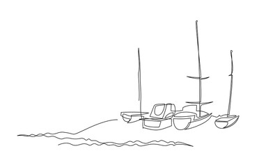 Fishing boats and boats at the pier on the shore. Continuous line drawing. Illustration