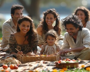 Fototapeta premium Happy Family Picnic: Joyful Parents and Kids Enjoying Food and Games Outdoors