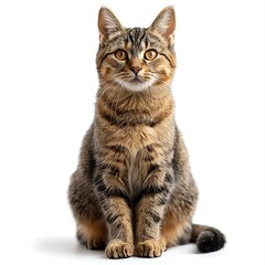 Obraz premium A brown tabby cat sits attentively, its captivating gaze fixed directly on the camera.