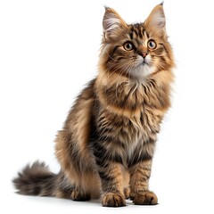 Obraz premium A fluffy brown tabby cat sitting on a white background