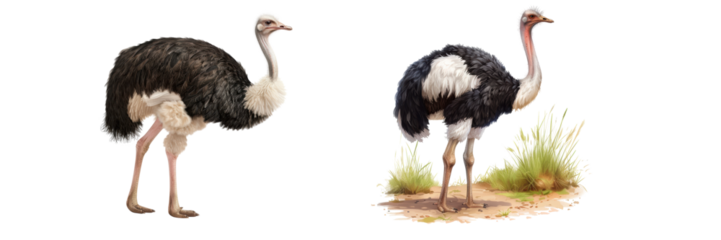 Two ostriches standing in the grass, isolated on transparent background