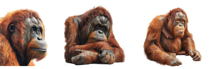 Three different pictures of a monkey, isolated on transparent background