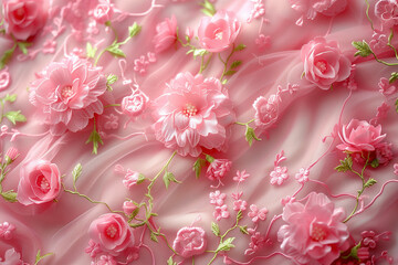 Delicate Pink Floral Embroidery on Sheer Fabric. Detailed view of delicate pink floral embroidery on sheer fabric with three-dimensional flower accents