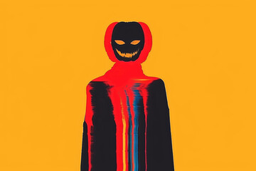 Close-up of a pumpkin head costume with glowing eyes and mouth, oozing slime.