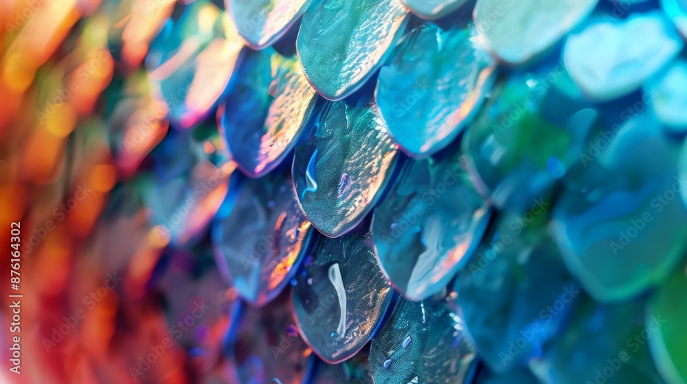 Aufkleber The image showcases shiny and reflective scales that display a stunning array of vibrant colors, creating a lively and dynamic abstract scene.