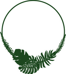 Green Circular Frame Design with Tropical Leaves. Elegant Botany Border with Exotic Leaves for Invitation, Wedding Cards