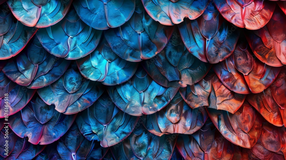 Aufkleber An image of shimmering blue and red leaf scales intricately intertwined, showcasing nature's artistic patterns with a striking color combination and captivating design.