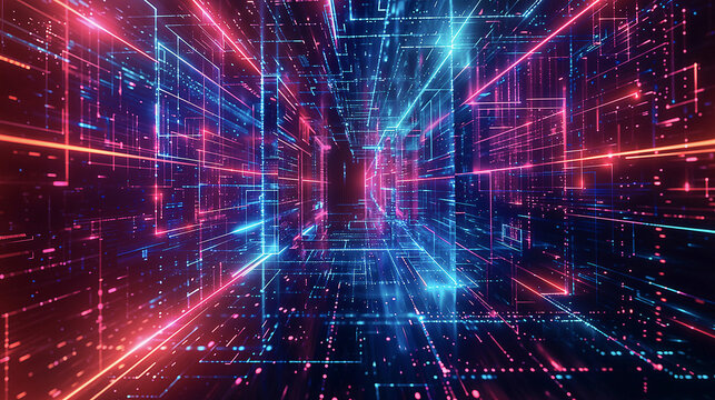 Techno space of an imaginary cyberspace in future. Futuristic abstract techno space, cyberspace, neon blue and purple
