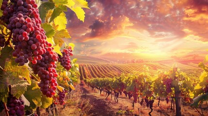 Vineyard with ripe grapes ready for harvest, illustrating the wine production process and agricultural diversity.