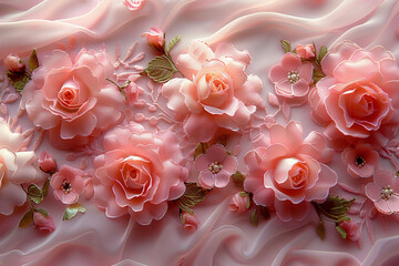 Delicate Pink Floral Embroidery on Sheer Fabric. Detailed view of delicate pink floral embroidery on sheer fabric with three-dimensional flower accents