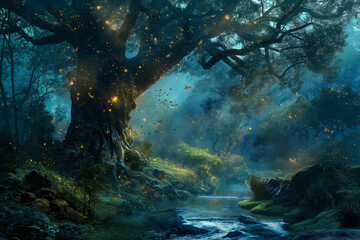 Enchanted forest with towering ancient trees glowing