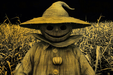 Scary scarecrow made of hay in a field for Halloween