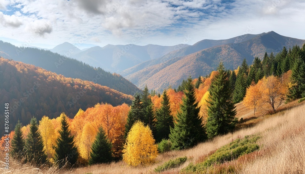 Wall mural colorful and bright autumn forest mountains panorama