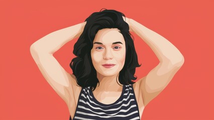 Fototapeta premium A woman with a black and white striped shirt holding her hair up, AI