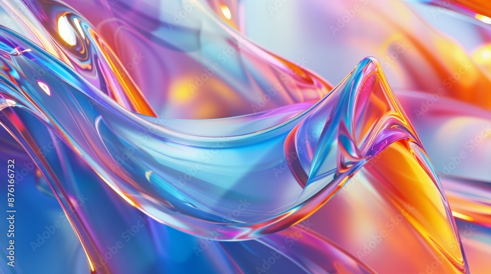 Poster an abstract representation of wave-like, colorful swirling glass forms in fluid motion, blending vib