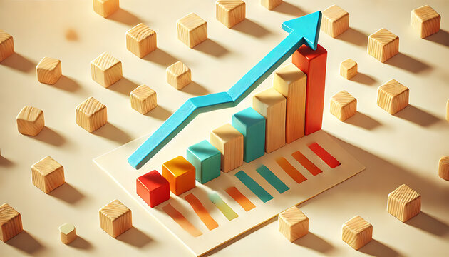 Concept visuel de progr&egrave;s avec des blocs de bois avec fl&egrave;che ascendante