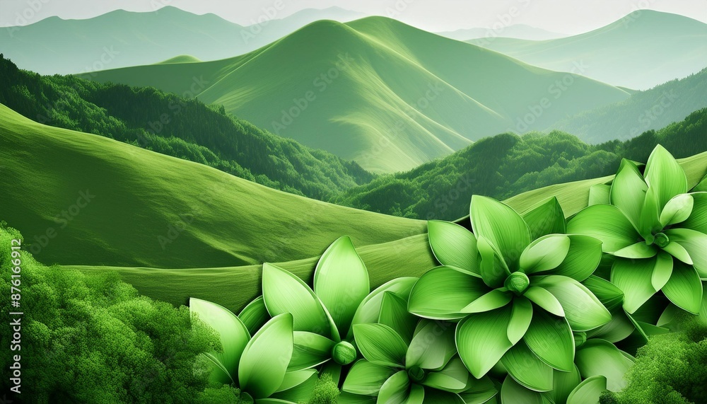 Wall mural abstract green flower illustration as panorama background generative ai