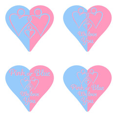 Pink or blue. We love you. Celebration stickers for gender reveal party. Boy or girl. He or she. Know gender of unborn child. Baby Shower party decor.