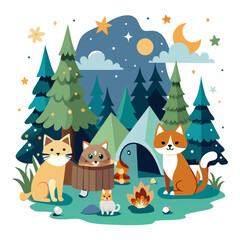 Naklejka premium Vector camping tent in the forest. Campsite, pine trees and mountains with clouds. Gas stove or cooker, tent, backpack. Tourist cooking food on fire. Camping adventures