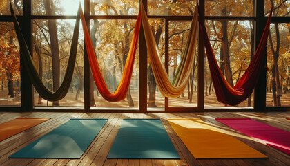 Empty aerial yoga room with colorful yoga mats on the floor overlooking the autumn park.