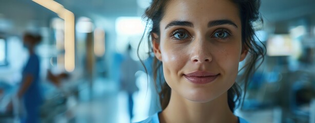 Design a semi-close-up image of a nurse with a kind expression, celebrating International Nurses Day, with a hospital background and ample copy space