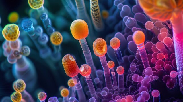 Produce a microscopic photograph of fungi, highlighting their spores and hyphae with vibrant colors and fine details