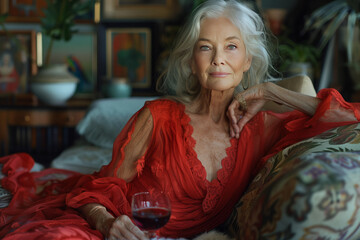 Elegant Senior Woman in Bohemian Interior. Elegant elderly woman with white hair, wearing a red dress, sitting in a bohemian styled room.
