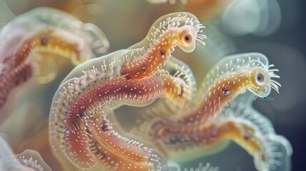 Generate a high-resolution image of parasites under a microscope, showing their detailed anatomy and surface features