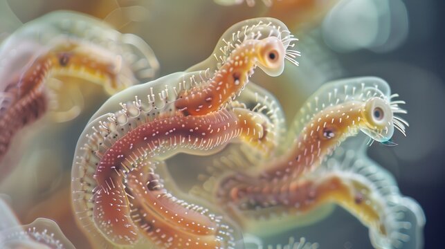 Generate a high-resolution image of parasites under a microscope, showing their detailed anatomy and surface features