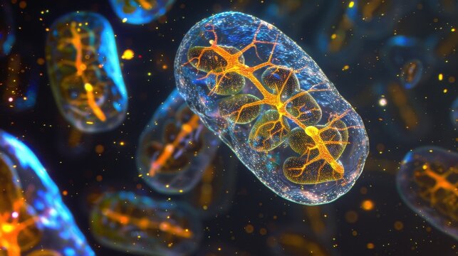 Create a detailed microscopic photograph of mitochondria, highlighting their inner membrane structures and cristae