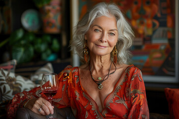 Elegant Senior Woman in Bohemian Interior. Elegant elderly woman with white hair, wearing a red dress, sitting in a bohemian styled room.