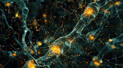Create a detailed microscopic photograph of synapses, highlighting the communication between nerve cells