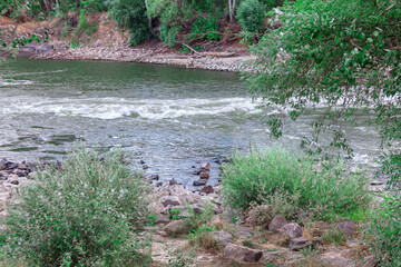 River with a rocky shoreline and trees in the background. Water is choppy and the rocks are scattered along the shore