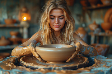 Young Woman Creating Pottery in Art Studio. Blonde woman sculpting clay on a pottery wheel surrounded by handmade ceramics in an art studio.