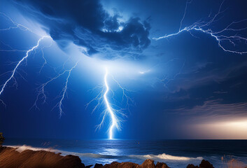 In the middle of the stormy night, a dazzling lightning  bolt of lightning pierces the darkness, its vivid blue glow  illuminating the sky over the sea