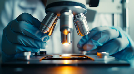 The hand of a scientist in blue gloves using a microscope for research in a scientific laboratory