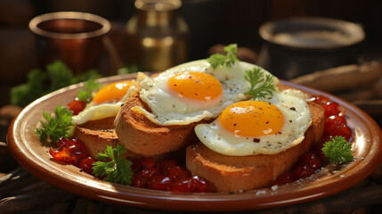 English breakfast with two eggs sausage beans