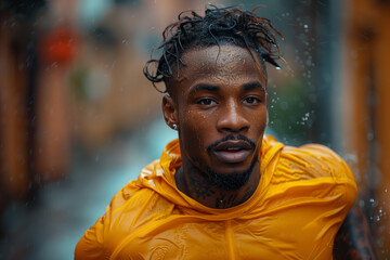 Focused Athlete Running in the Rain. Close-up of a focused male athlete running in the rain wearing a yellow jacket.