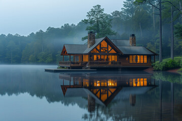 Cozy Lakeside Cabin at Dusk. Warmly lit cabin by the lake with serene reflections at dusk.