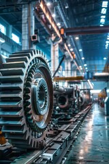 Fototapeta premium Massive Industrial Gears Turning in Modern High-Tech Factory with Bright Lighting