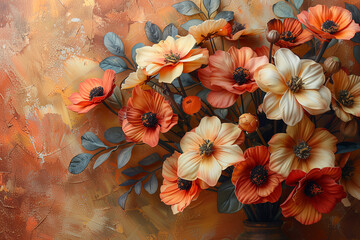 Elegant Floral Arrangement in Warm Tones. Beautiful floral arrangement with orange, yellow, and white flowers against a warm-toned background.