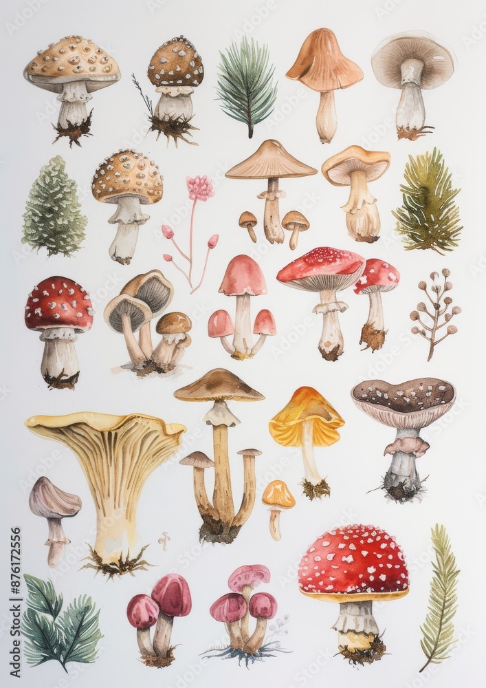 Wall mural Grace Popp Watercolor botanical mushroom chartin background