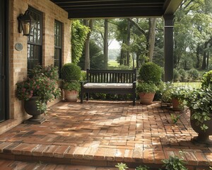 Obraz premium Tranquil Front Porch Oasis with Potted Topiary Trees and Bench for Welcoming and Serene Atmosphere