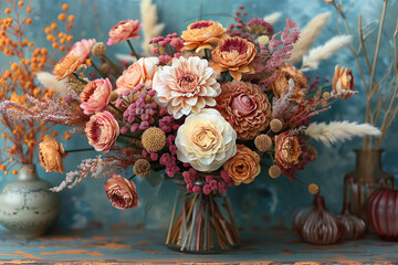 Elegant Floral Arrangement in Warm Tones. Beautiful floral arrangement with orange, yellow, and white flowers against a warm-toned background.